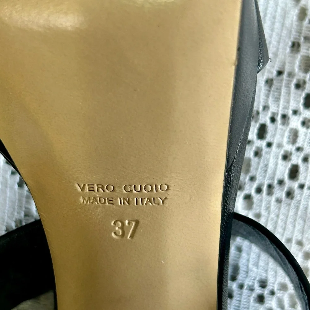 Giampaolo Viozzi Black Leather Platform Block Heel Sandals Vero Cuoio Sz 37 US 7